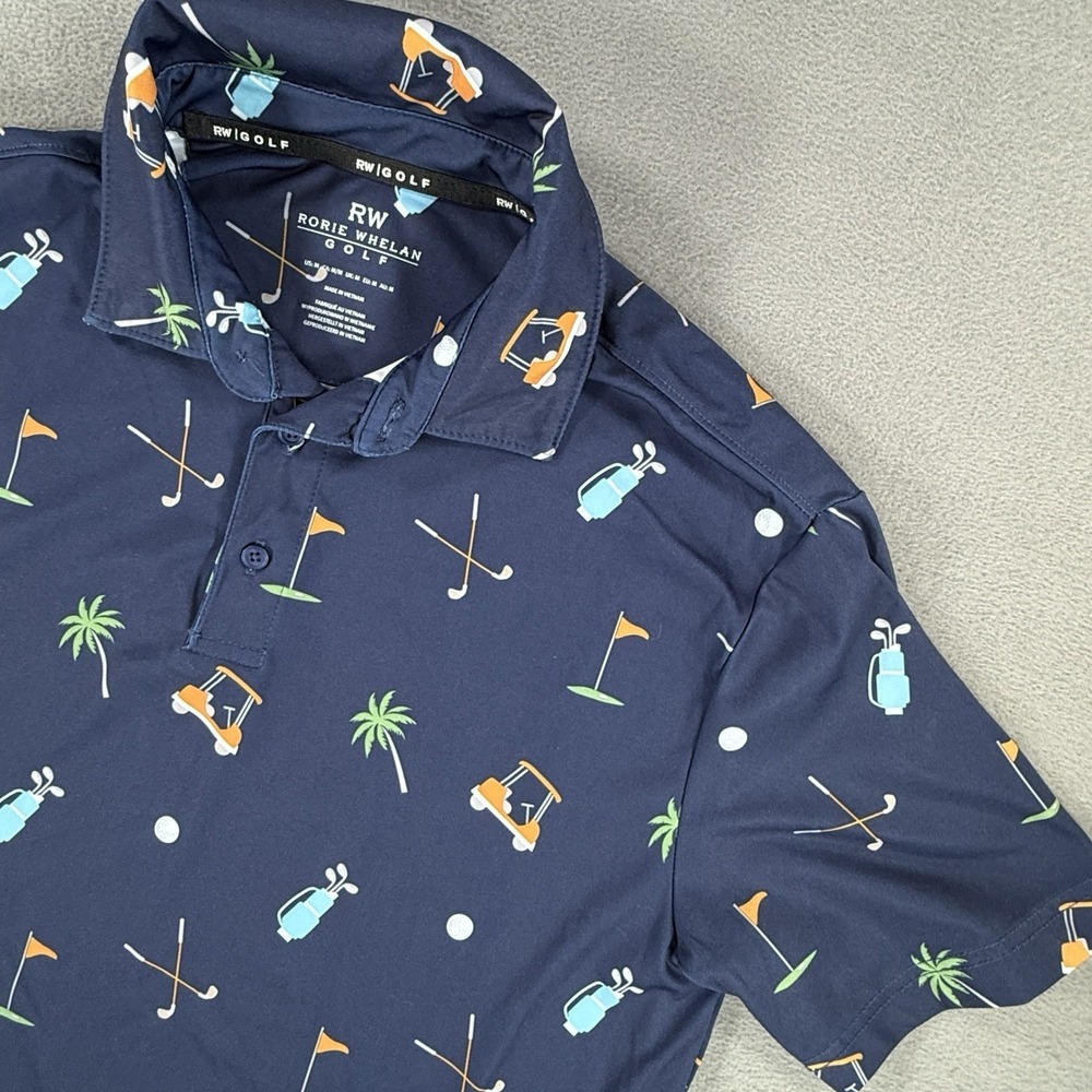 Rorie Whelan RW Golf Shirt Mens Medium Blue AOP Performance Polo Palm Tree Golf